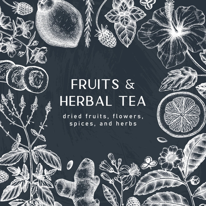Hand sketched herbal tea ingredients design on chalkboard. Vintage herbs, leaves, flowers, fruits hand drawings background. Perfect for recipe, menu, label, packaging. Herbal tea template.